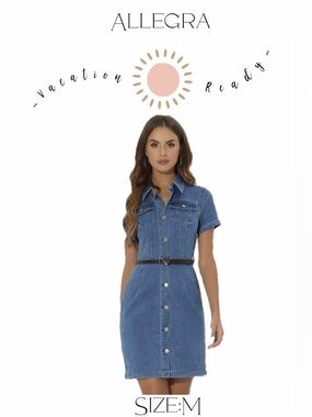 Allegra K Blue Denim Button-Front Shirt Dress